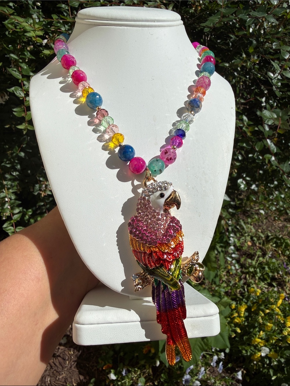 Handmade Multicolored Beaded Necklace with Rhinestone Parrot Pendant Brooch NWT